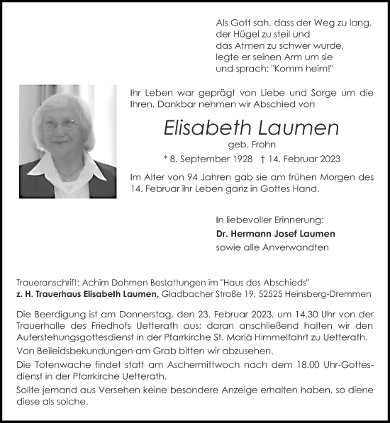 Traueranzeige von Elisabeth Laumen von Zeitung am Sonntag