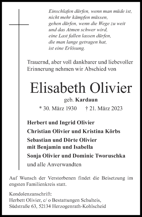 Traueranzeige von Elisabeth Olivier von Zeitung am Sonntag