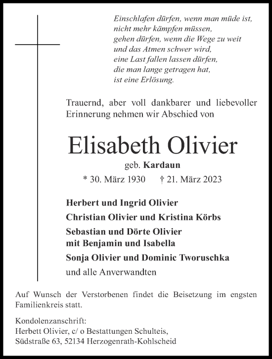 Traueranzeige von Elisabeth Olivier von Aachener Zeitung