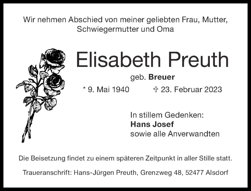  Traueranzeige für Elisabeth Preuth vom 05.03.2023 aus Zeitung am Sonntag