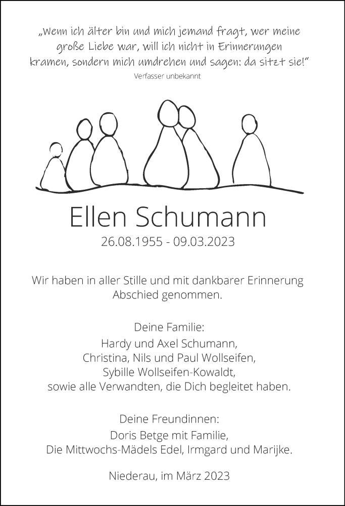  Traueranzeige für Ellen Schumann vom 19.03.2023 aus Zeitung am Sonntag
