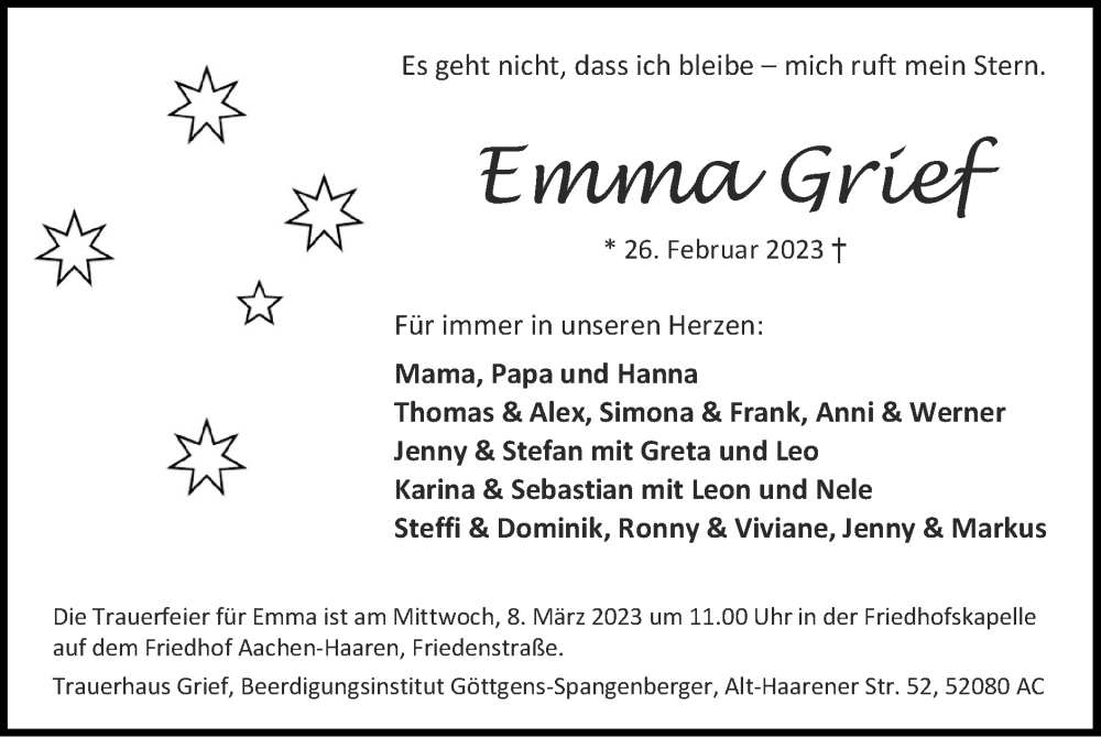  Traueranzeige für Emma Grief vom 05.03.2023 aus Zeitung am Sonntag