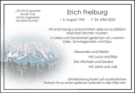Traueranzeige von Erich Freiburg von Aachener Zeitung