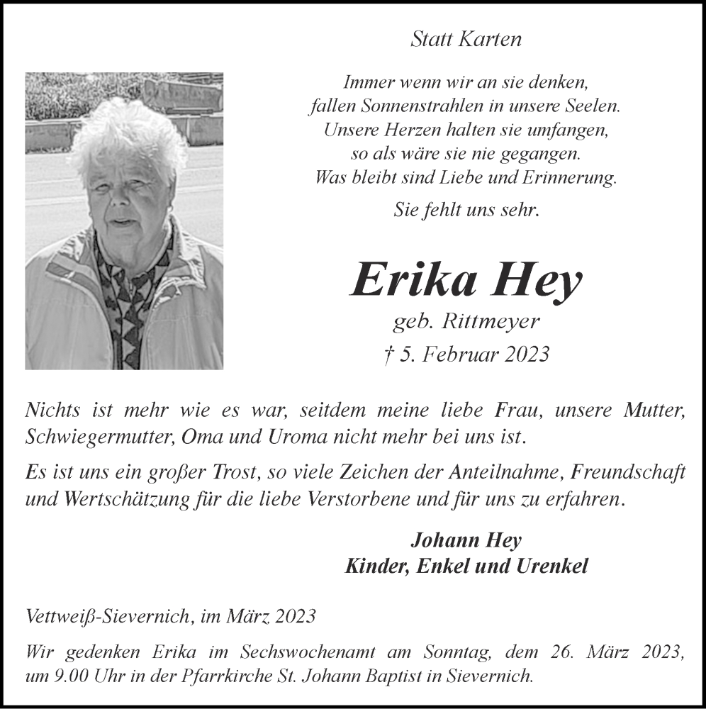  Traueranzeige für Erika Hey vom 19.03.2023 aus Zeitung am Sonntag