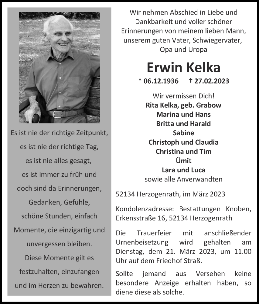  Traueranzeige für Erwin Kelka vom 12.03.2023 aus Zeitung am Sonntag