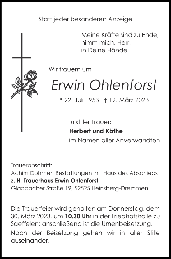 Traueranzeige von Erwin Ohlenforst von Zeitung am Sonntag