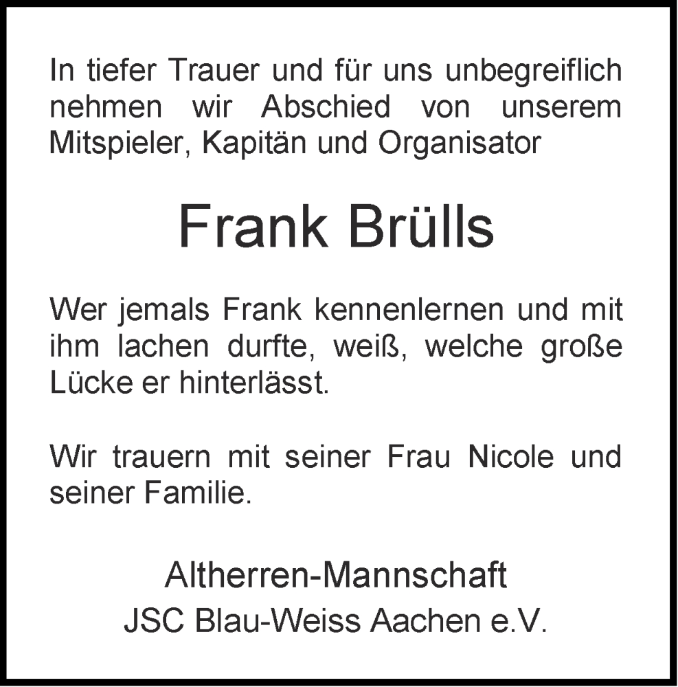 Traueranzeige für Franky Brülls vom 12.03.2023 aus Zeitung am Sonntag