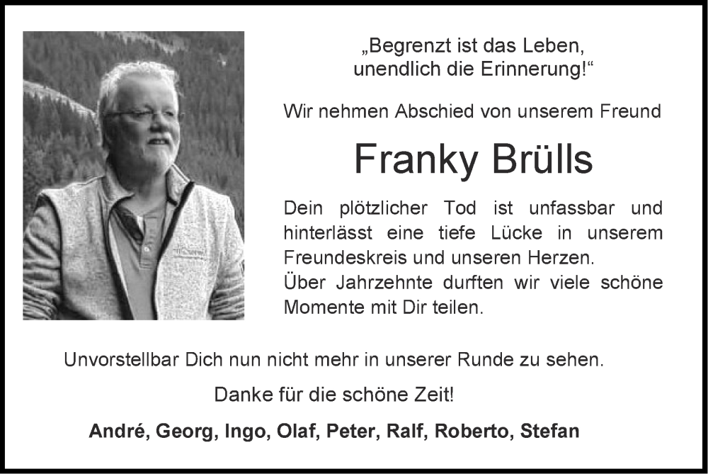  Traueranzeige für Franky Brülls vom 12.03.2023 aus Zeitung am Sonntag