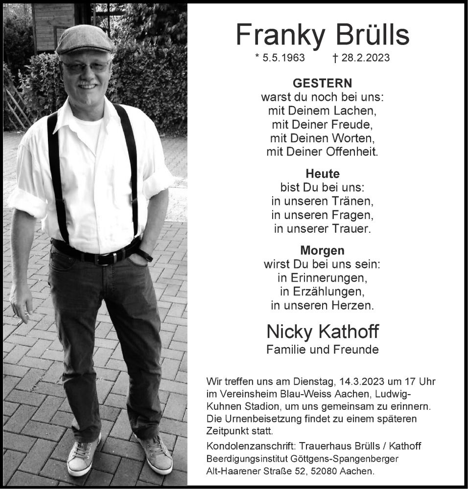  Traueranzeige für Franky Brülls vom 12.03.2023 aus Zeitung am Sonntag