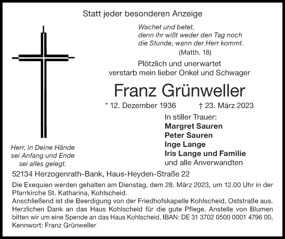  Traueranzeige für Franz Grünweller vom 26.03.2023 aus Zeitung am Sonntag