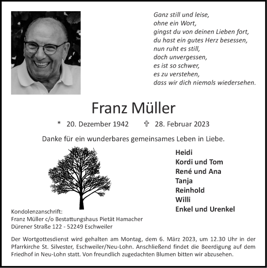 Traueranzeige von Franz Müller von Zeitung am Sonntag