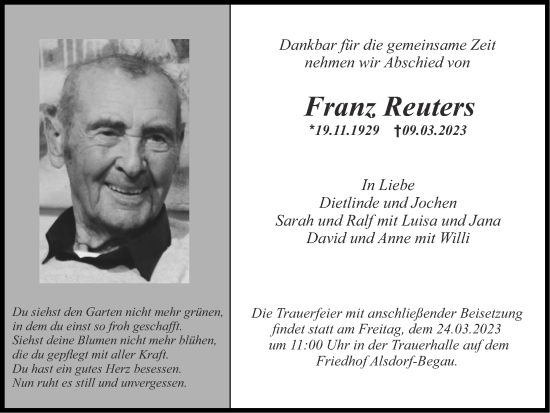 Traueranzeige von Franz Reuters von Zeitung am Sonntag