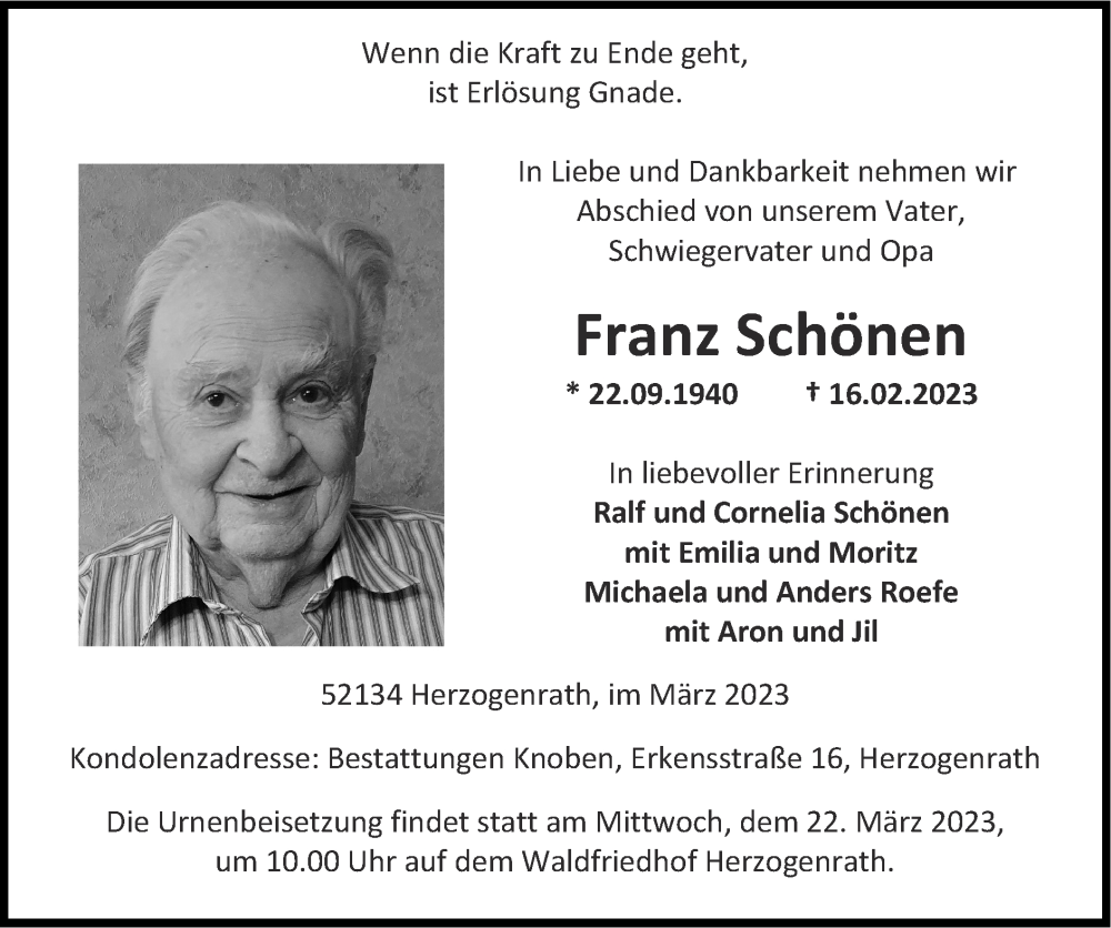  Traueranzeige für Franz Schönen vom 12.03.2023 aus Zeitung am Sonntag