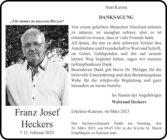 Traueranzeige von Franz Josef Heckers von Zeitung am Sonntag