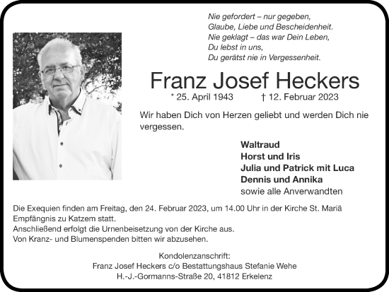 Traueranzeige von Franz Josef Heckers von Zeitung am Sonntag