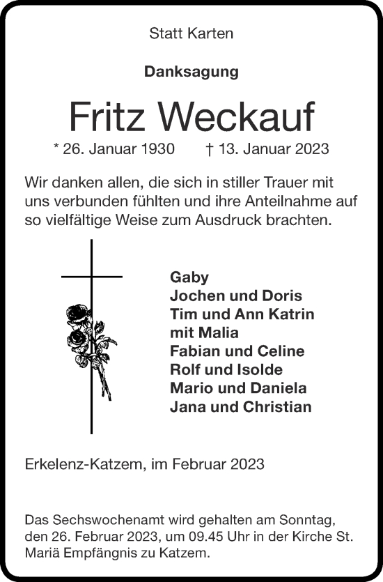 Traueranzeige von Fritz Weckauf von Zeitung am Sonntag