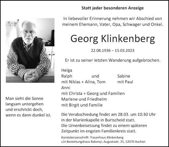 Traueranzeige von Georg Klinkenberg von Aachener Zeitung