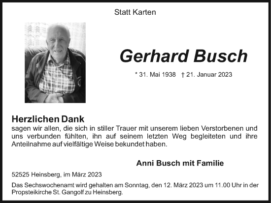 Traueranzeige von Gerhard Busch von Zeitung am Sonntag