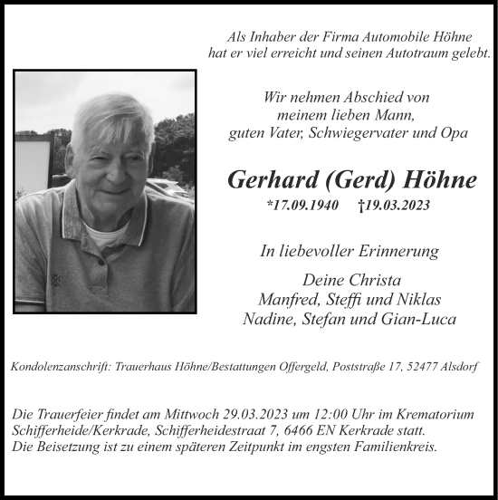 Traueranzeige von Gerhard Höhne von Zeitung am Sonntag