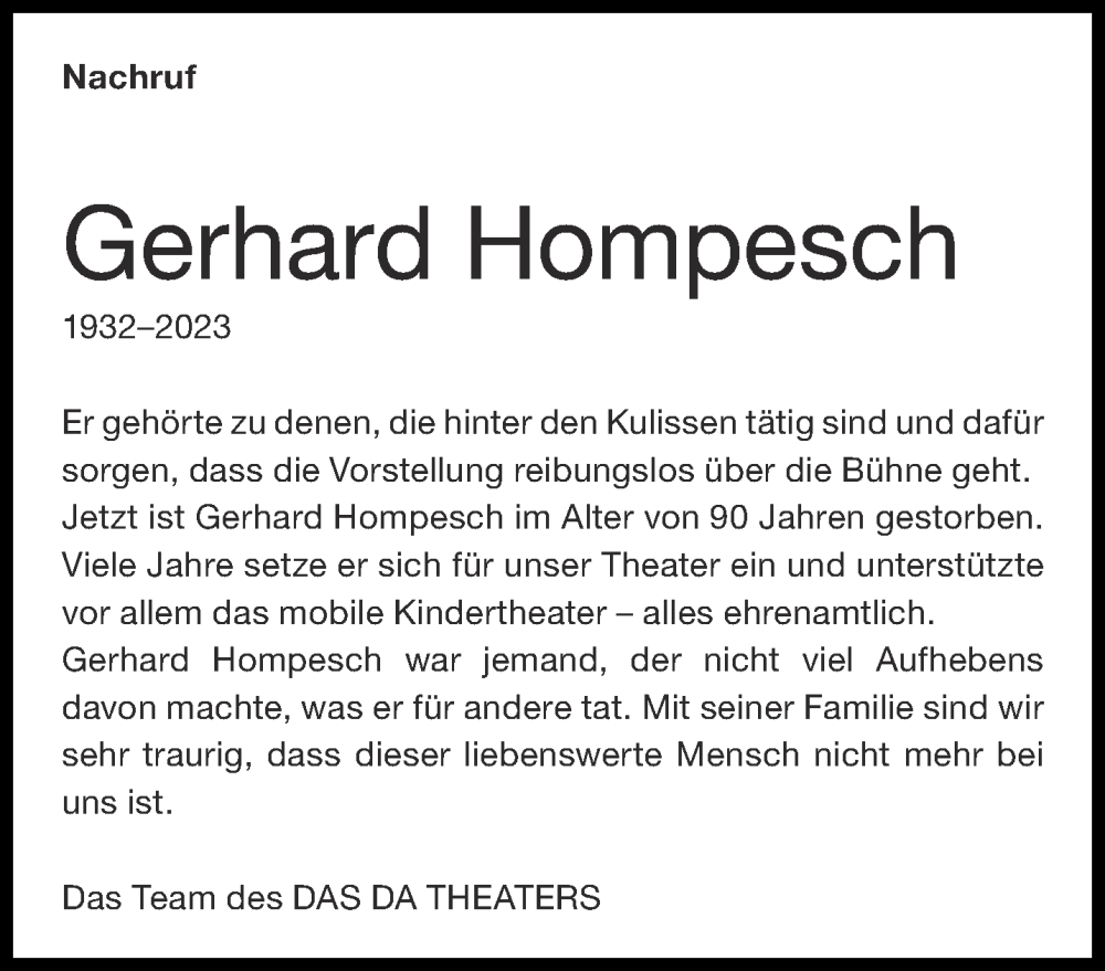  Traueranzeige für Gerhard Hompesch vom 25.03.2023 aus Aachener Zeitung