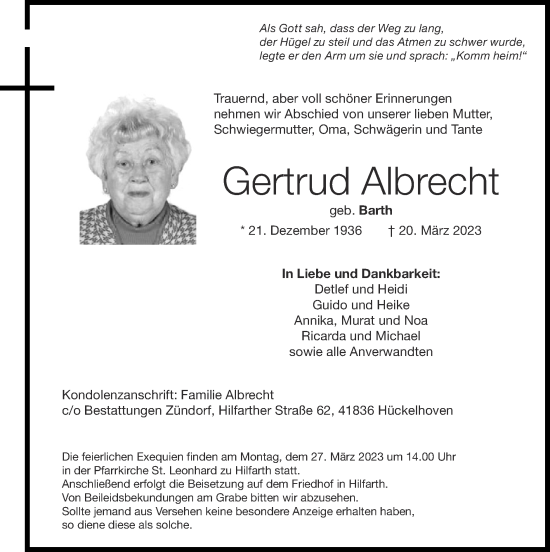 Traueranzeige von Gertrud Albrecht von Zeitung am Sonntag