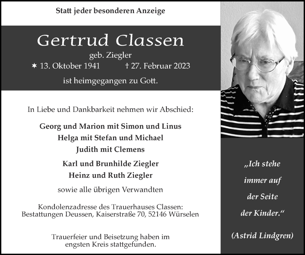  Traueranzeige für Gertrud Classen vom 12.03.2023 aus Zeitung am Sonntag