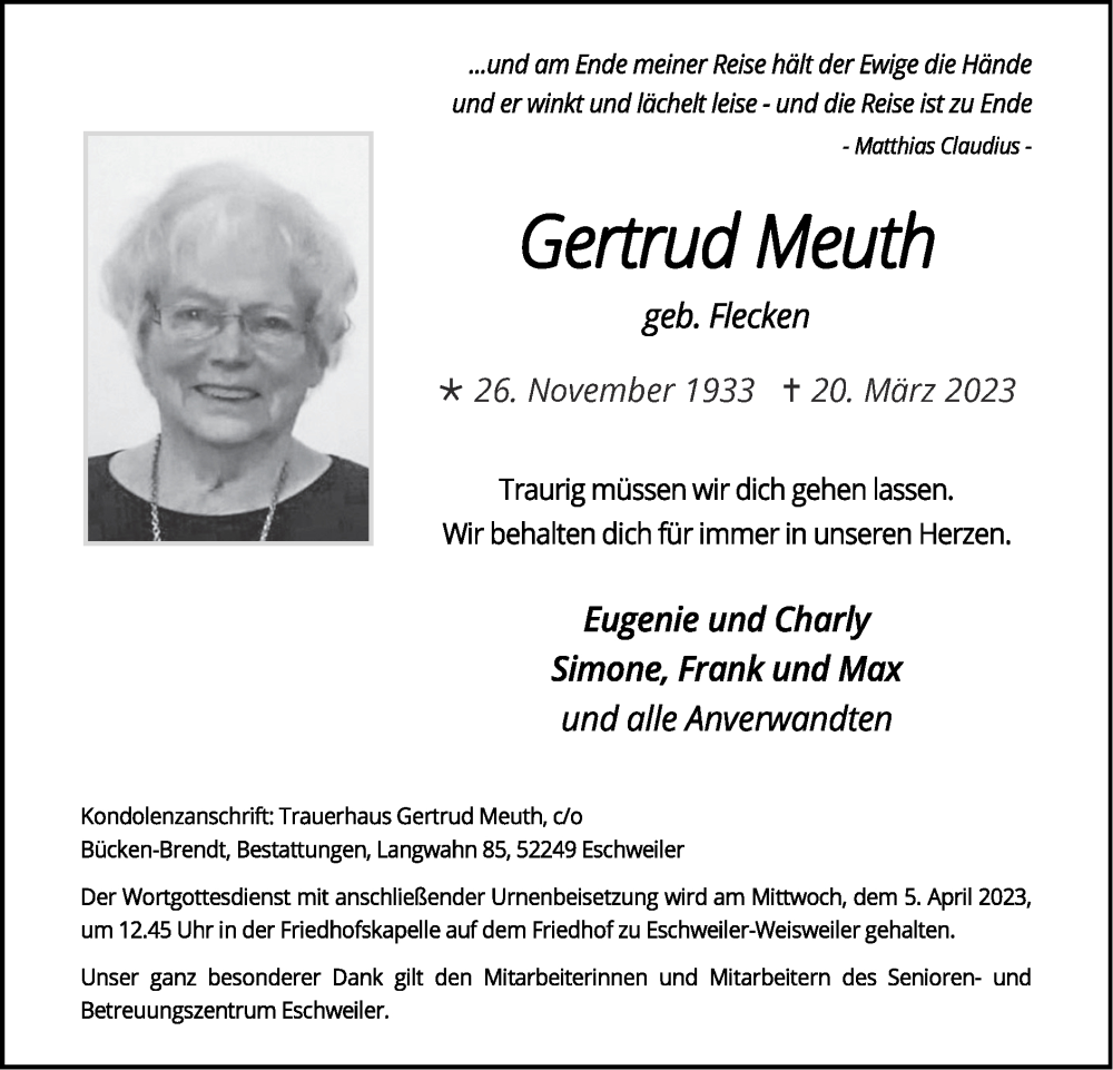  Traueranzeige für Gertrud Meuth vom 26.03.2023 aus Zeitung am Sonntag