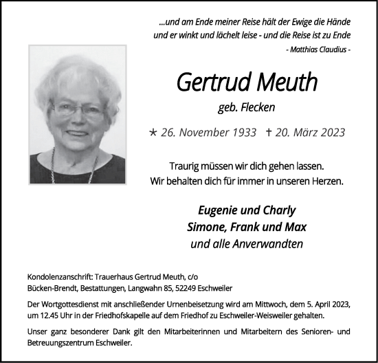 Traueranzeige von Gertrud Meuth von Zeitung am Sonntag