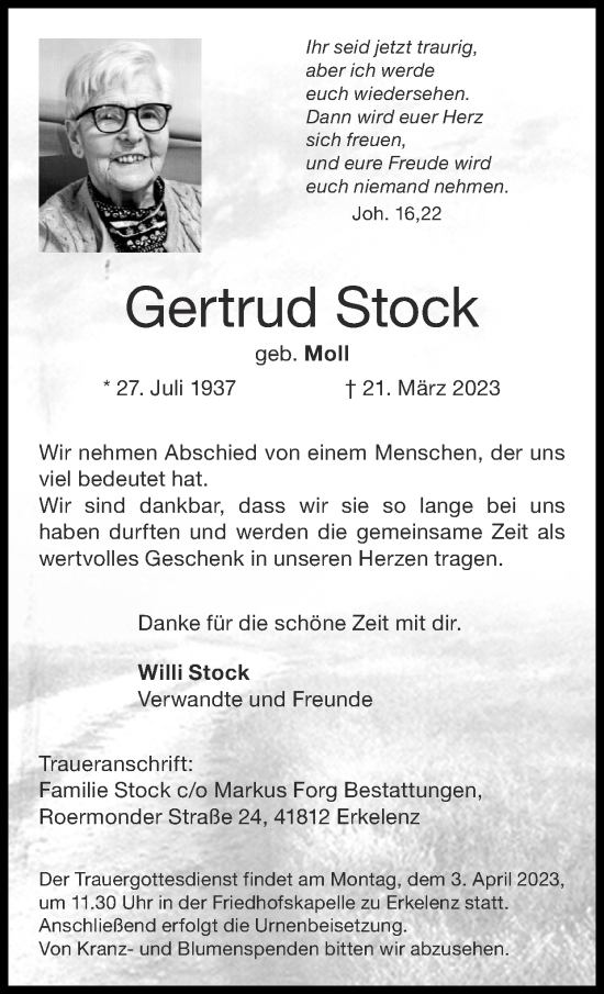 Traueranzeige von Gertrud Stock von Zeitung am Sonntag