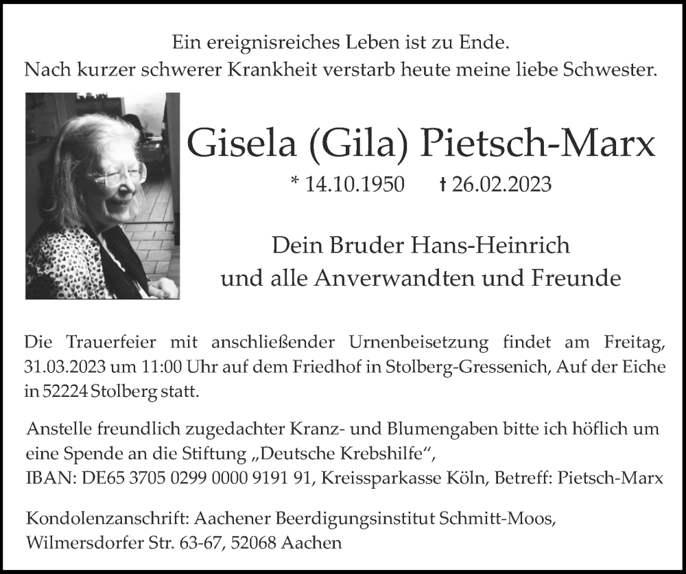  Traueranzeige für Gisela Pietsch-Marx vom 19.03.2023 aus Zeitung am Sonntag