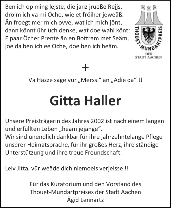 Traueranzeige von Gitta Haller von Aachener Zeitung / Aachener Nachrichten