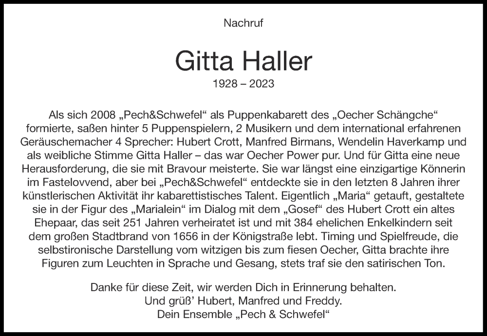  Traueranzeige für Gitta Haller vom 18.03.2023 aus Aachener Zeitung / Aachener Nachrichten