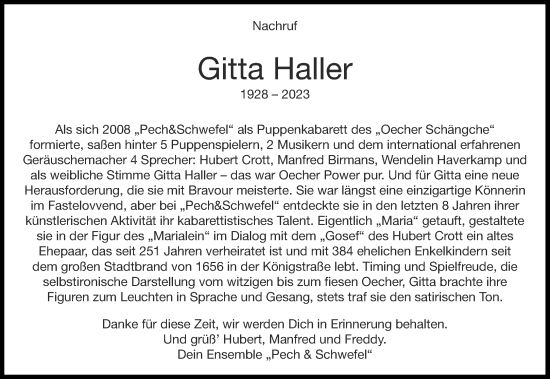 Traueranzeige von Gitta Haller von Aachener Zeitung / Aachener Nachrichten