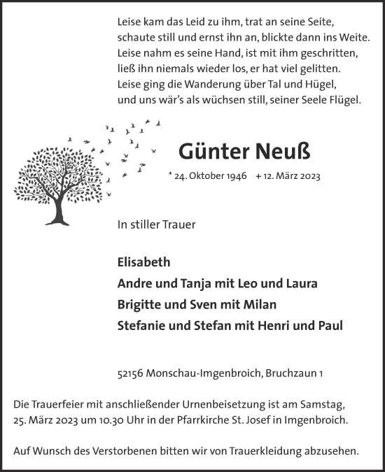 Traueranzeige von Günter Neuß von Aachener Zeitung / Aachener Nachrichten