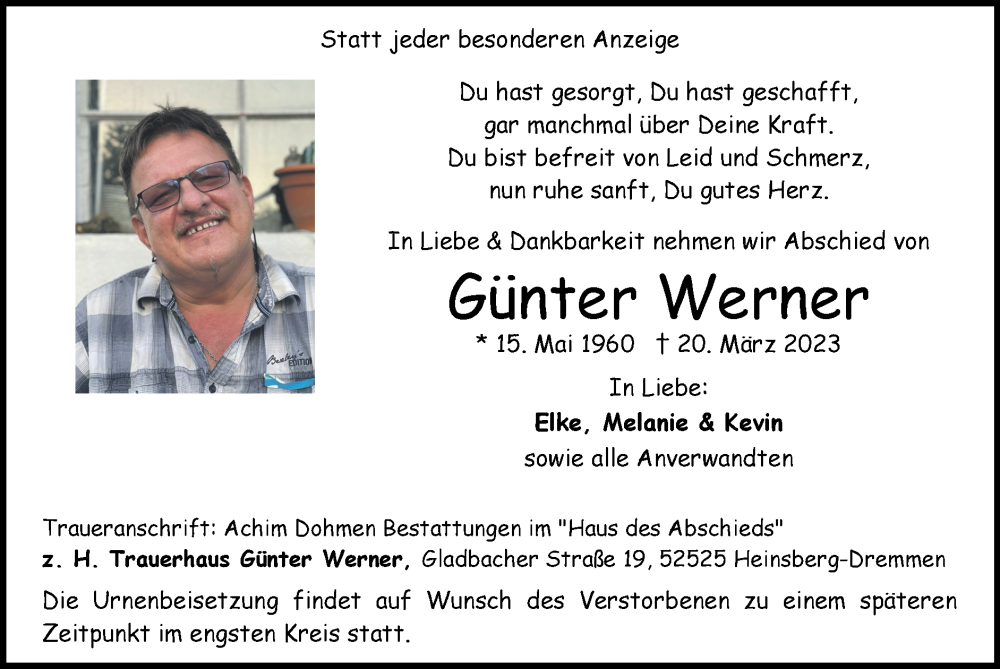  Traueranzeige für Günter Werner vom 26.03.2023 aus Zeitung am Sonntag