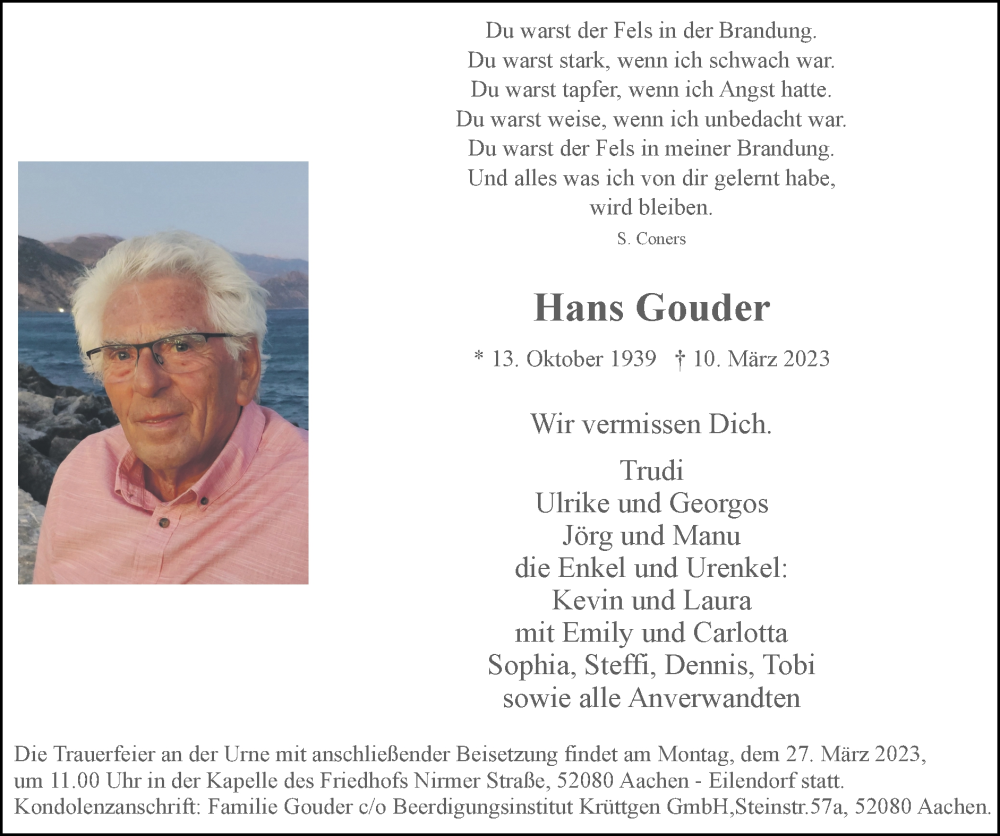  Traueranzeige für Hans Gouder vom 19.03.2023 aus Zeitung am Sonntag