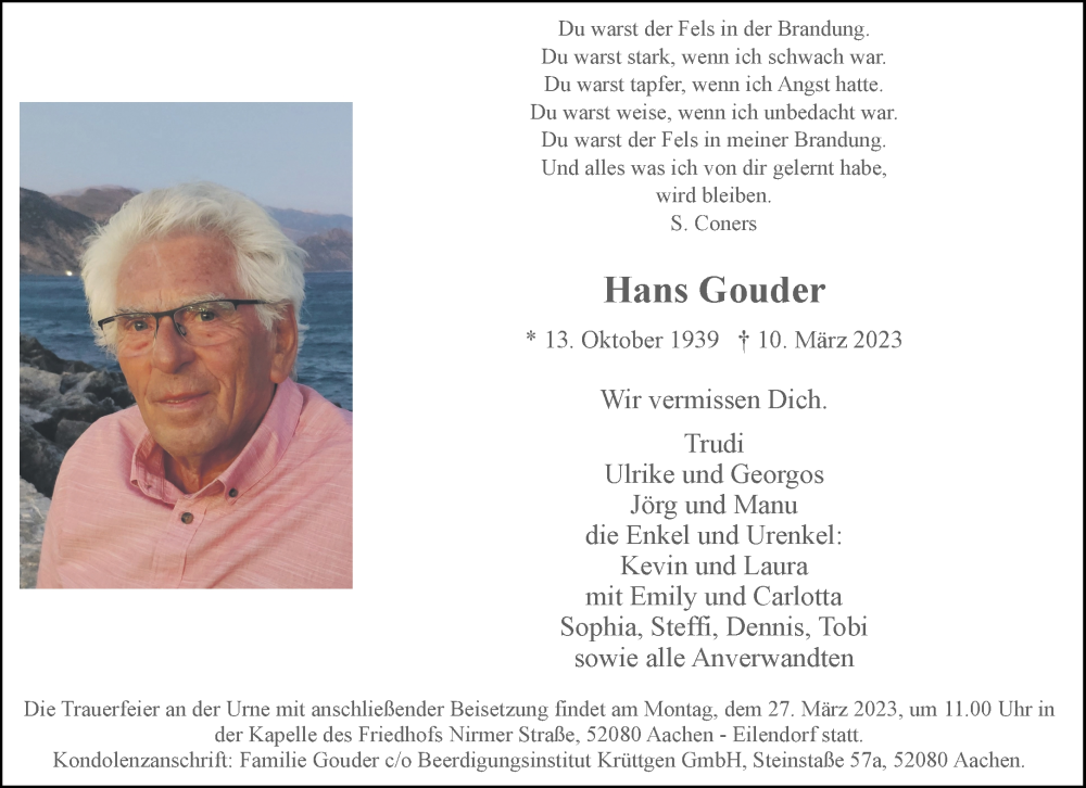  Traueranzeige für Hans Gouder vom 18.03.2023 aus Aachener Zeitung / Aachener Nachrichten