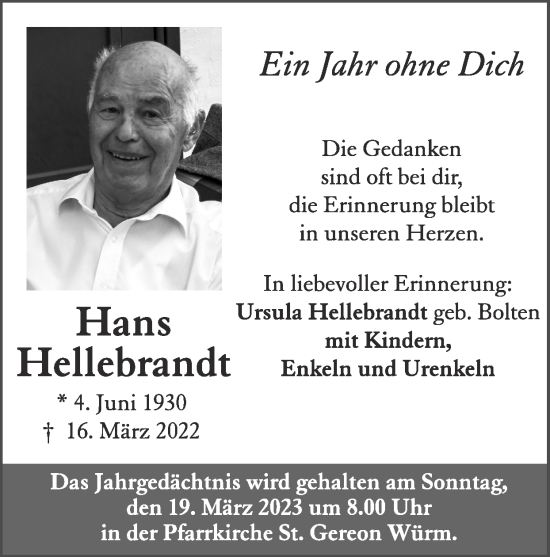 Traueranzeige von Hans Hellebrandt von Zeitung am Sonntag