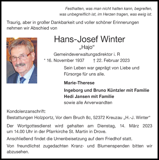 Traueranzeige von Hans-Josef Winter von Zeitung am Sonntag