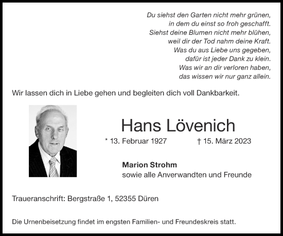 Traueranzeige von Hans Lövenich von Zeitung am Sonntag