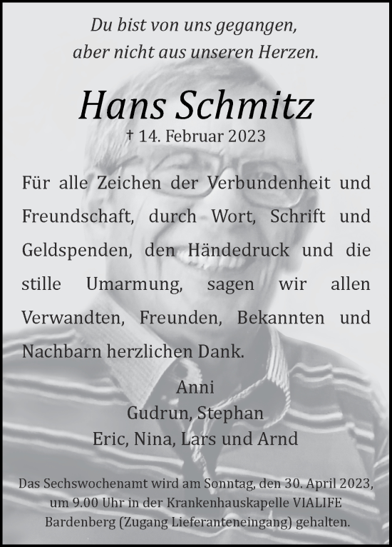 Traueranzeige von Hans Schmitz von Zeitung am Sonntag