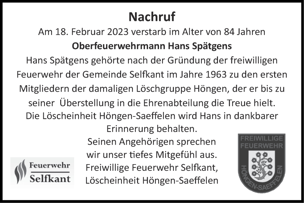 Traueranzeige für Hans Spätgens vom 26.03.2023 aus Zeitung am Sonntag