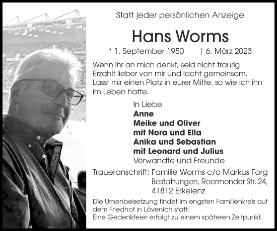Traueranzeige von Hans Worms von Zeitung am Sonntag