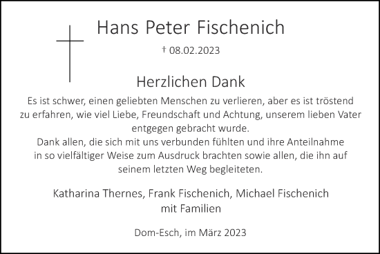 Traueranzeige von Hans Peter Fischenich von Zeitung am Sonntag