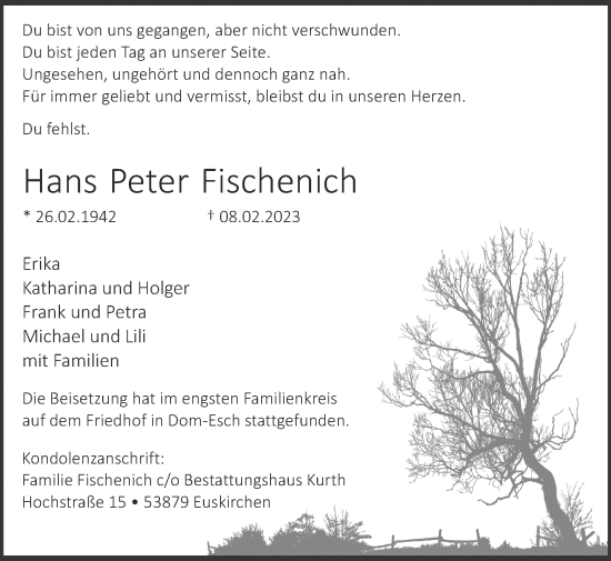 Traueranzeige von Hans Peter Fischenich von Zeitung am Sonntag