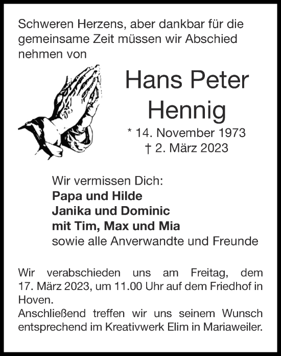 Traueranzeige von Hans Peter Hennig von Zeitung am Sonntag