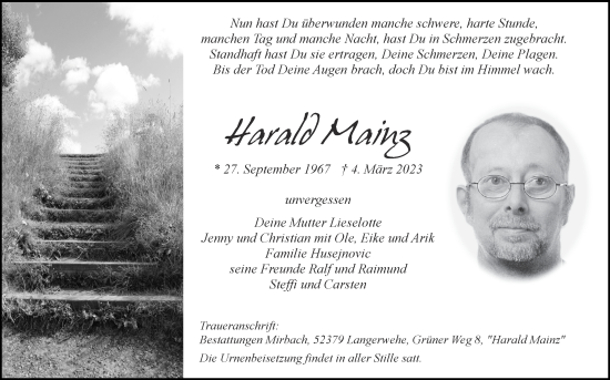Traueranzeige von HArald Mainz von Zeitung am Sonntag