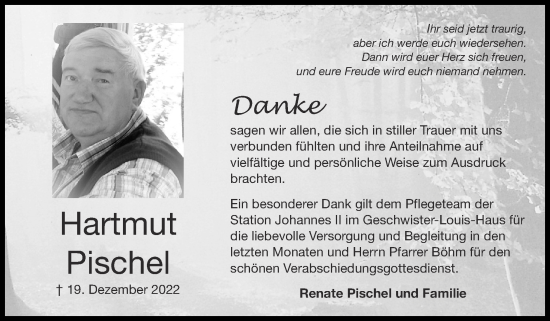 Traueranzeige von Hartmut Pischel von Zeitung am Sonntag