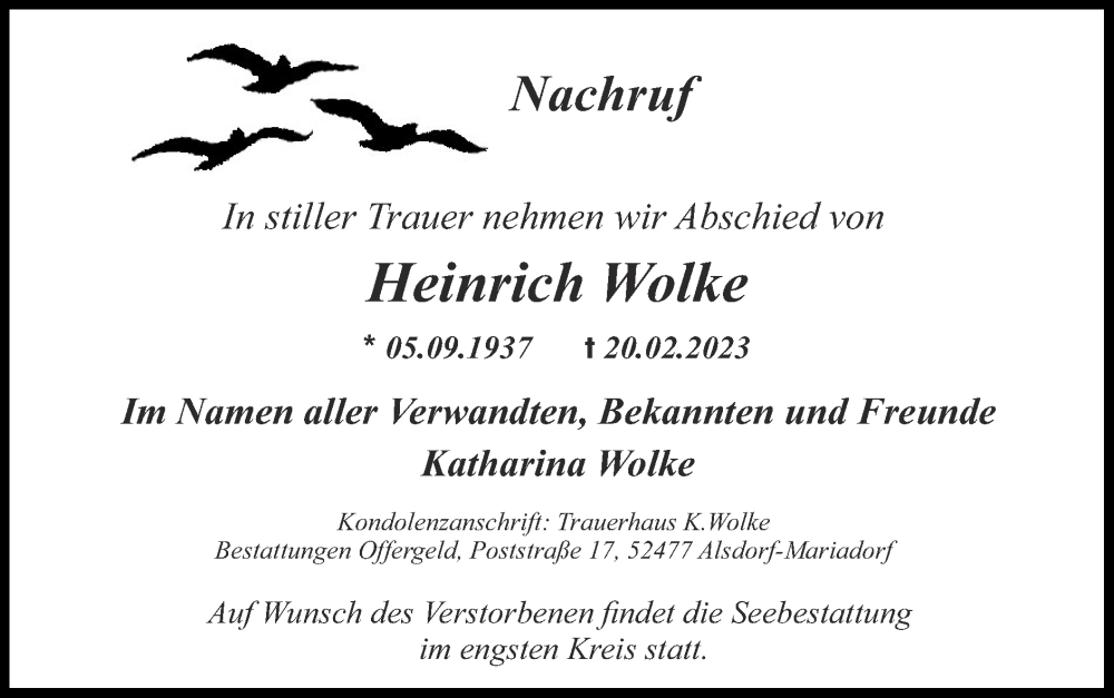  Traueranzeige für Heinrich Wolke vom 05.03.2023 aus Zeitung am Sonntag