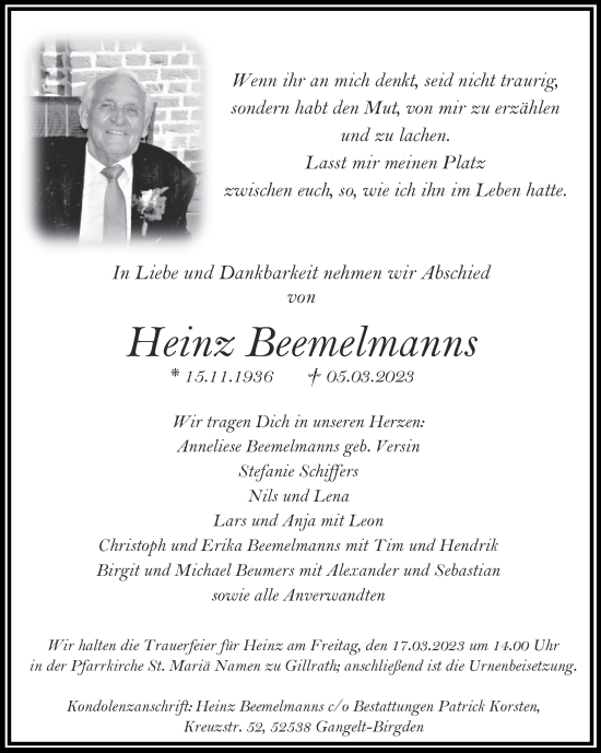 Traueranzeige von Heinz Beemelmanns von Zeitung am Sonntag